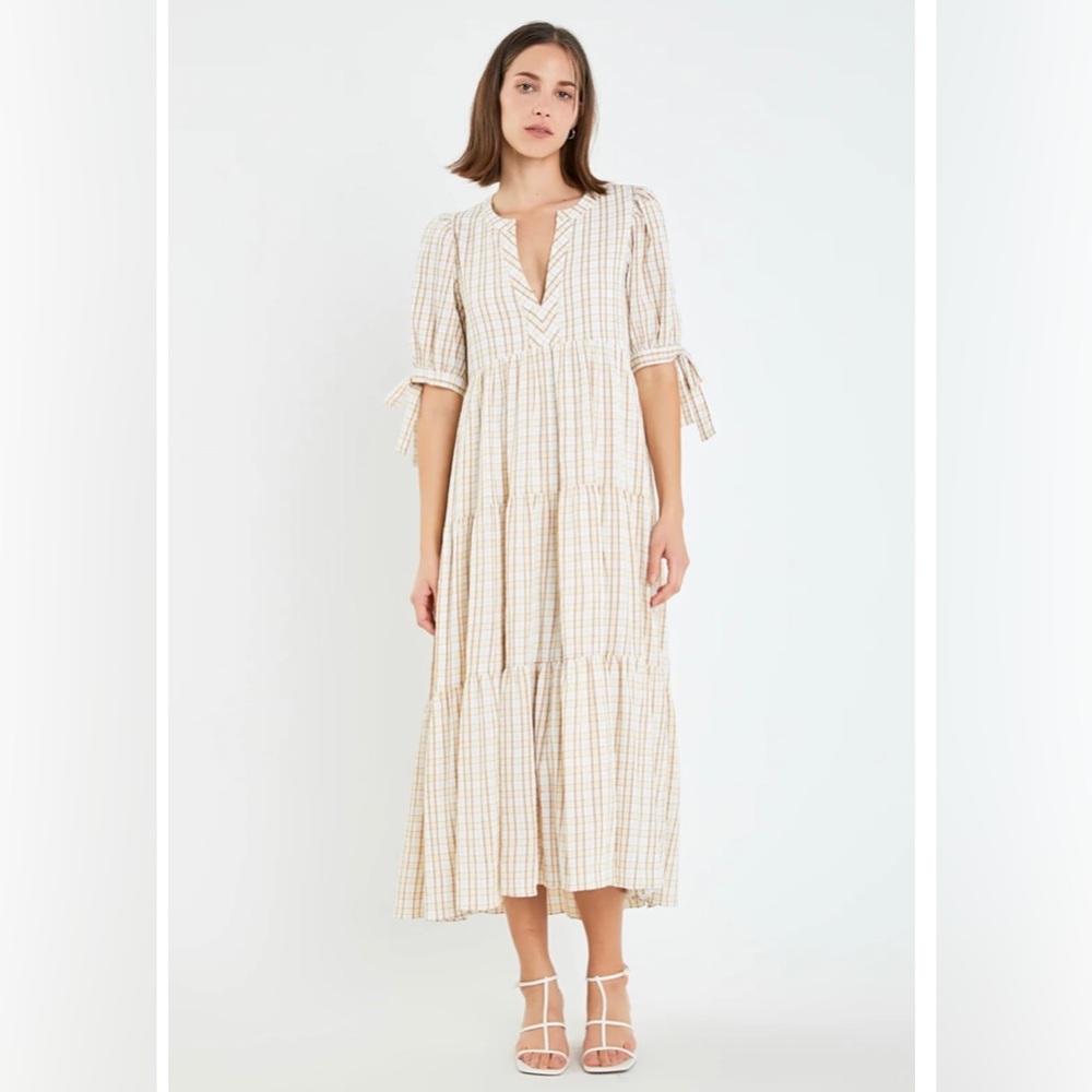 Beige neutral gingham midi dress size M